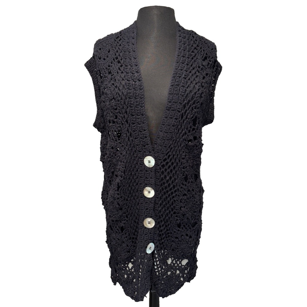 New RICO & RICE Long Vest Open Crochet Cardigan XL Black Circle Buttons *READ*